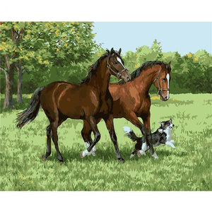 Horses And A Puppy - DIY Painting By Numbers Kit