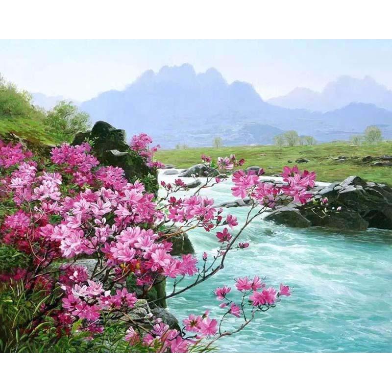 Flowers, River, and Mountains - DIY Painting By Numbers Kit