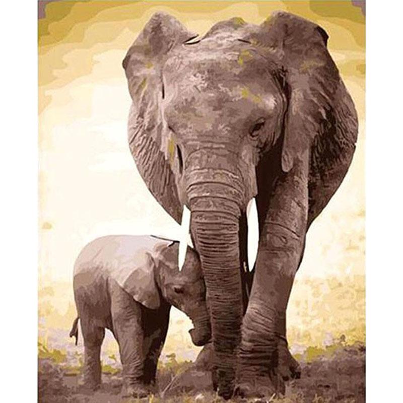 Mother Elephant With Baby - DIY Painting By Numbers Kit