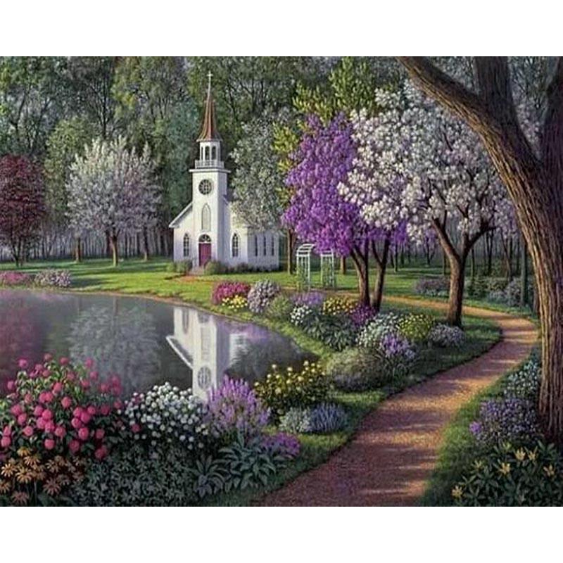 Church in a Meadow - DIY Painting By Numbers Kit