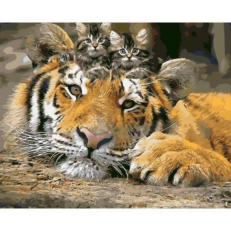 Tiger With Kittens - DIY Painting By Numbers Kit