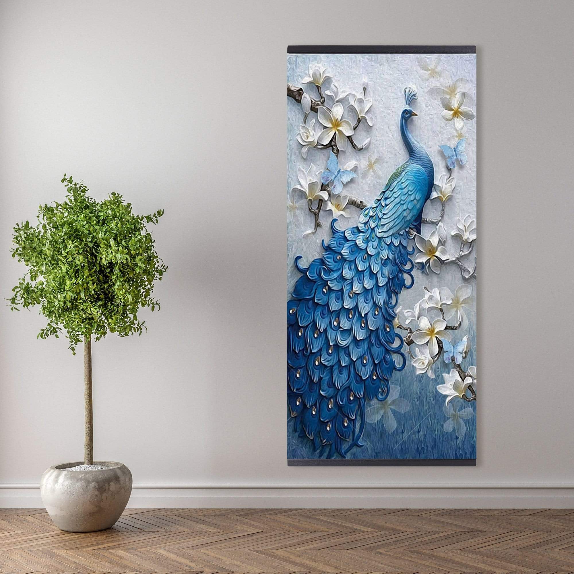 Blue Peacock Flower Set - Vertical - Wooden Magnetic Frame