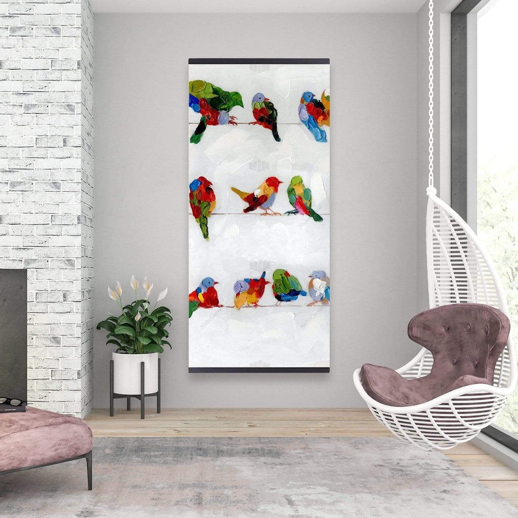 A Lot Of Colorful Birds On A Wire - Wooden Magnetic Frame