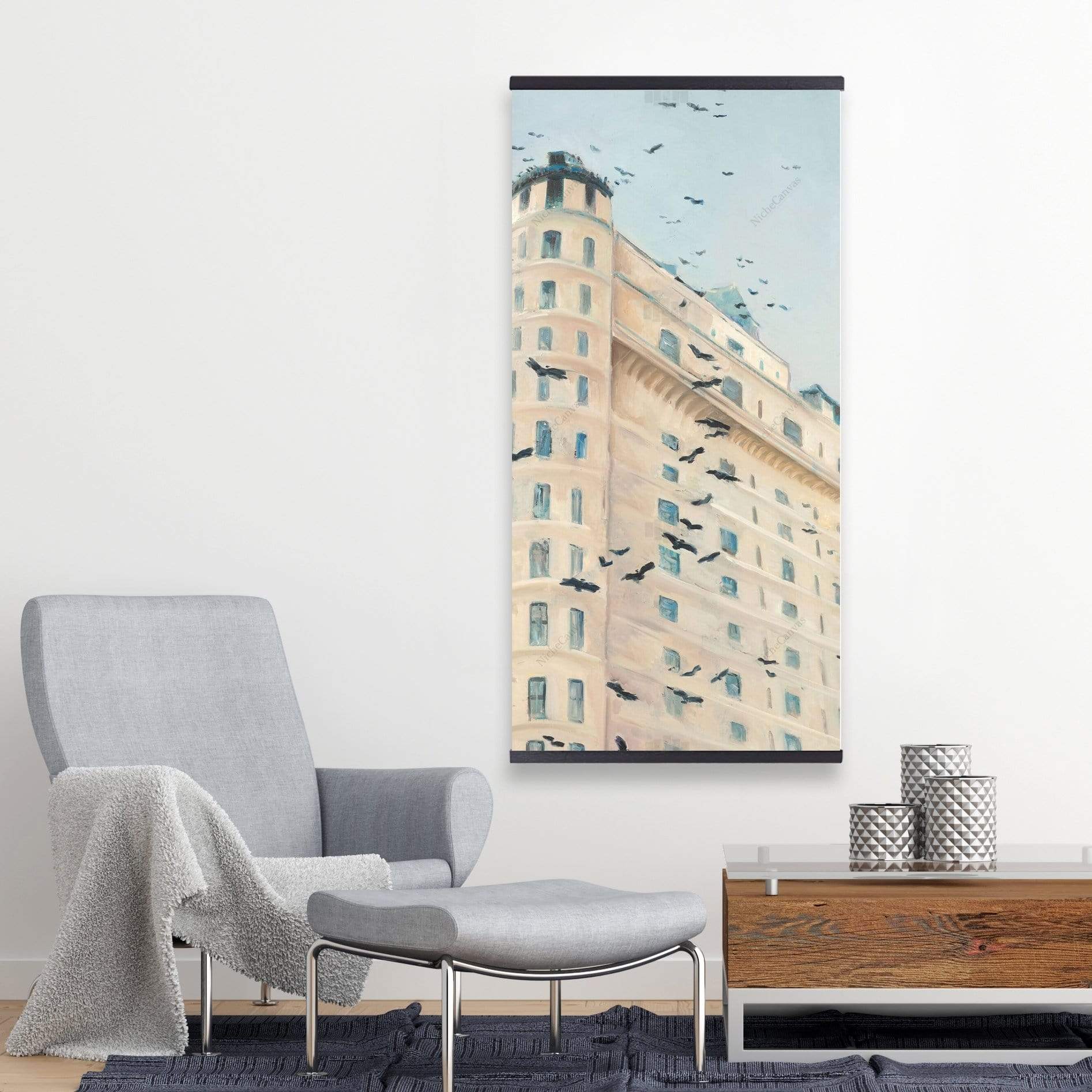 Birds Flying In Front Of A Building - Wooden Magnetic Frame