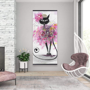 Cartoon Cat With Pink Flowers - Wooden Magnetic Frame