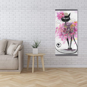 Cartoon Cat With Pink Flowers - Wooden Magnetic Frame