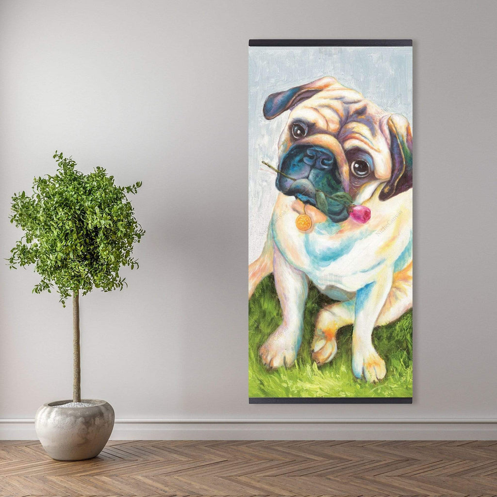 Cute Pug With A Rose In His Mouth - Wooden Magnetic Frame