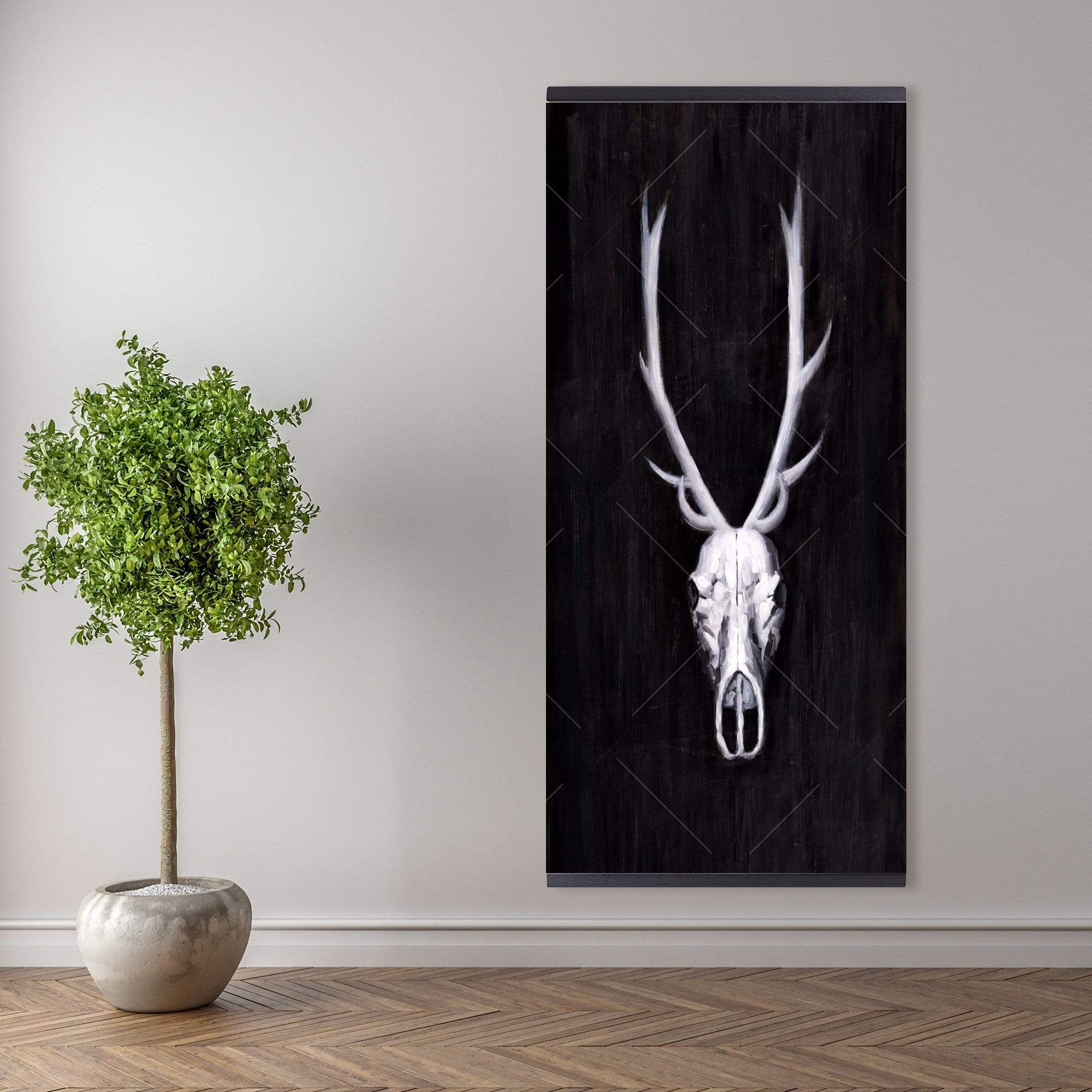 Deer Skull On Black Background - Wooden Magnetic Frame