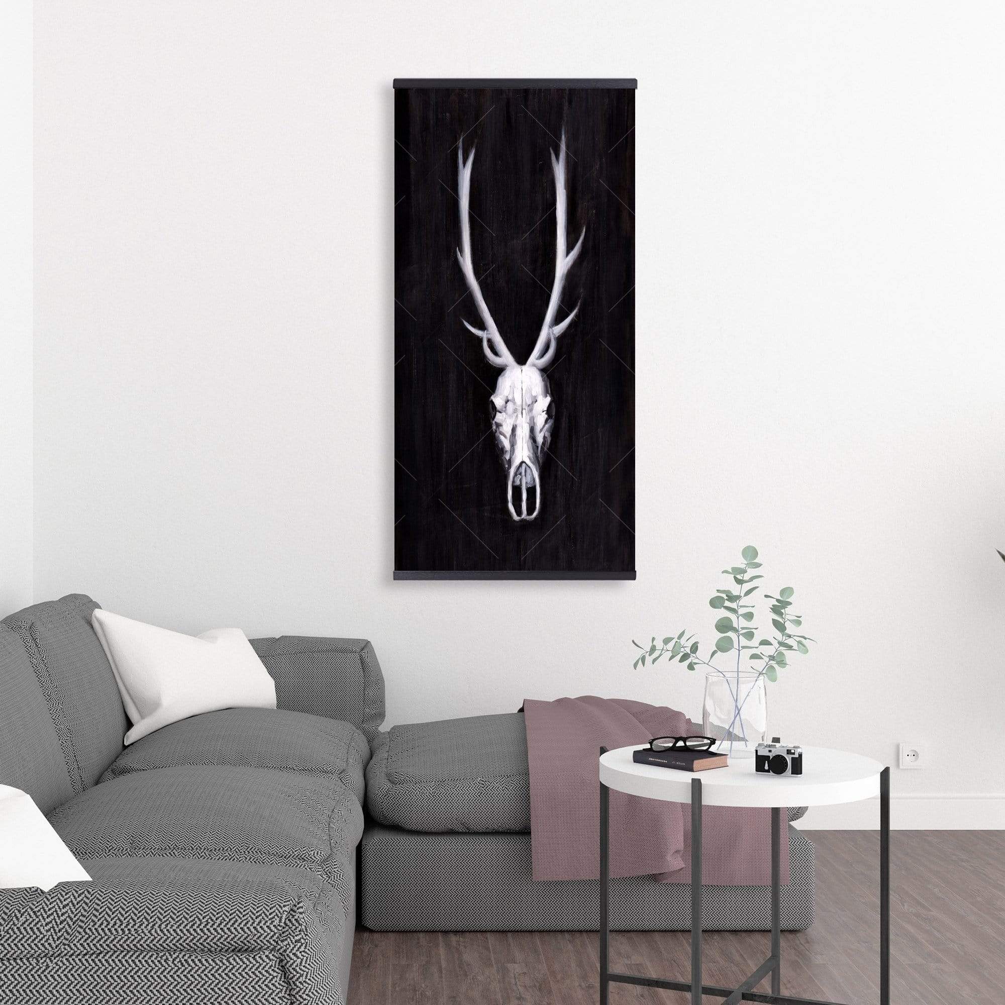 Deer Skull On Black Background - Wooden Magnetic Frame