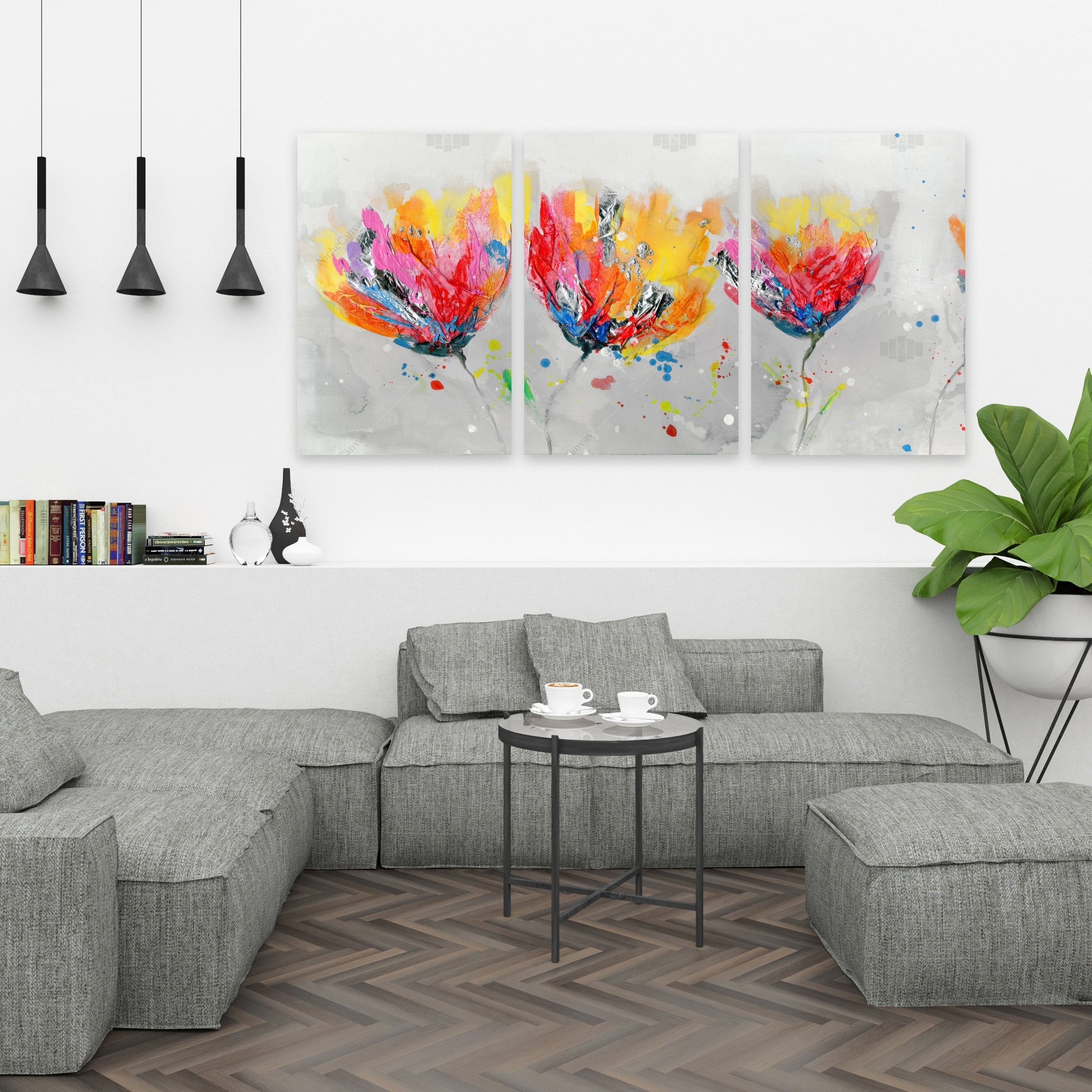 Four Colored Flowers On Gray Background