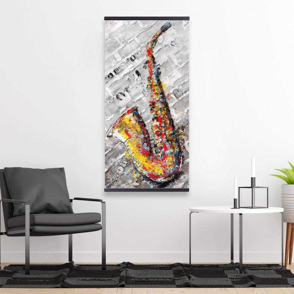 Graffiti Of A Saxophone On Brick Wall - Wooden Magnetic Frame