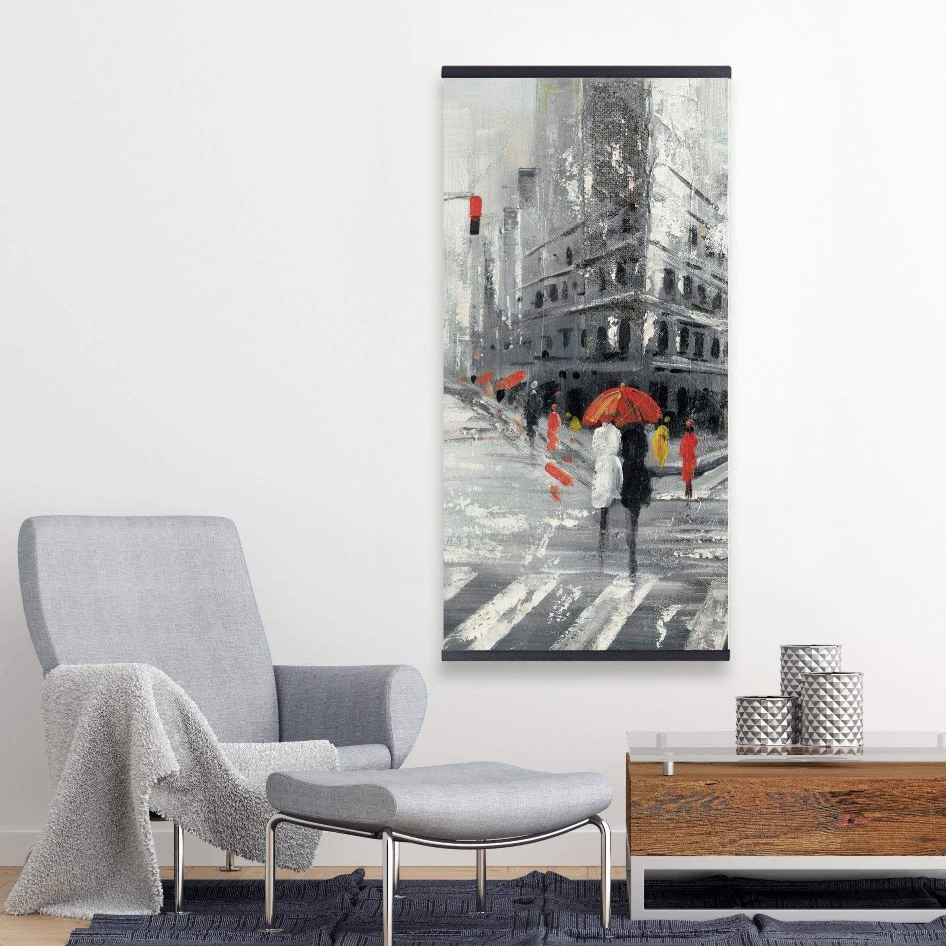 Gray City Street With Red Accents - Wooden Magnetic Frame