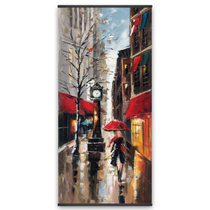 Lady Walking Down The Street With Umbrella - Wooden Magnetic Frame