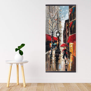 Lady Walking Down The Street With Umbrella - Wooden Magnetic Frame