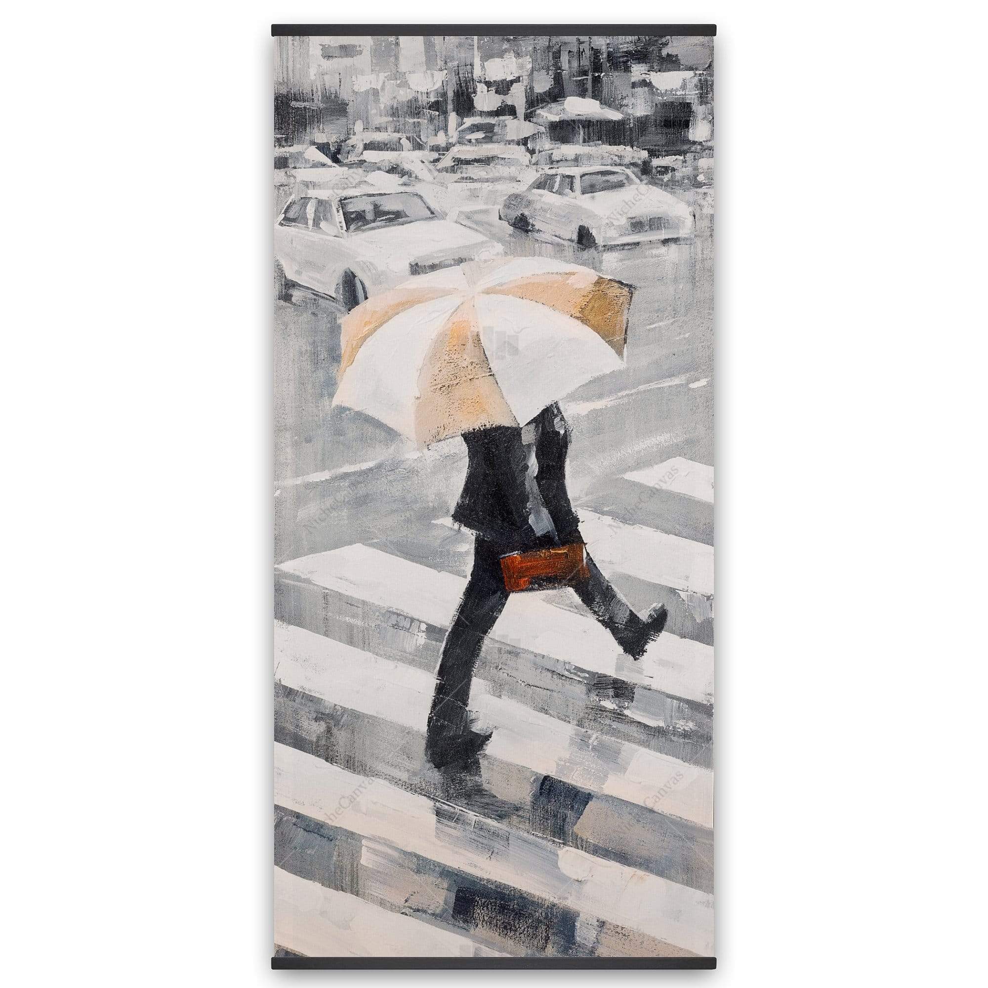 Man Walking With His Umbrella - Wooden Magnetic Frame