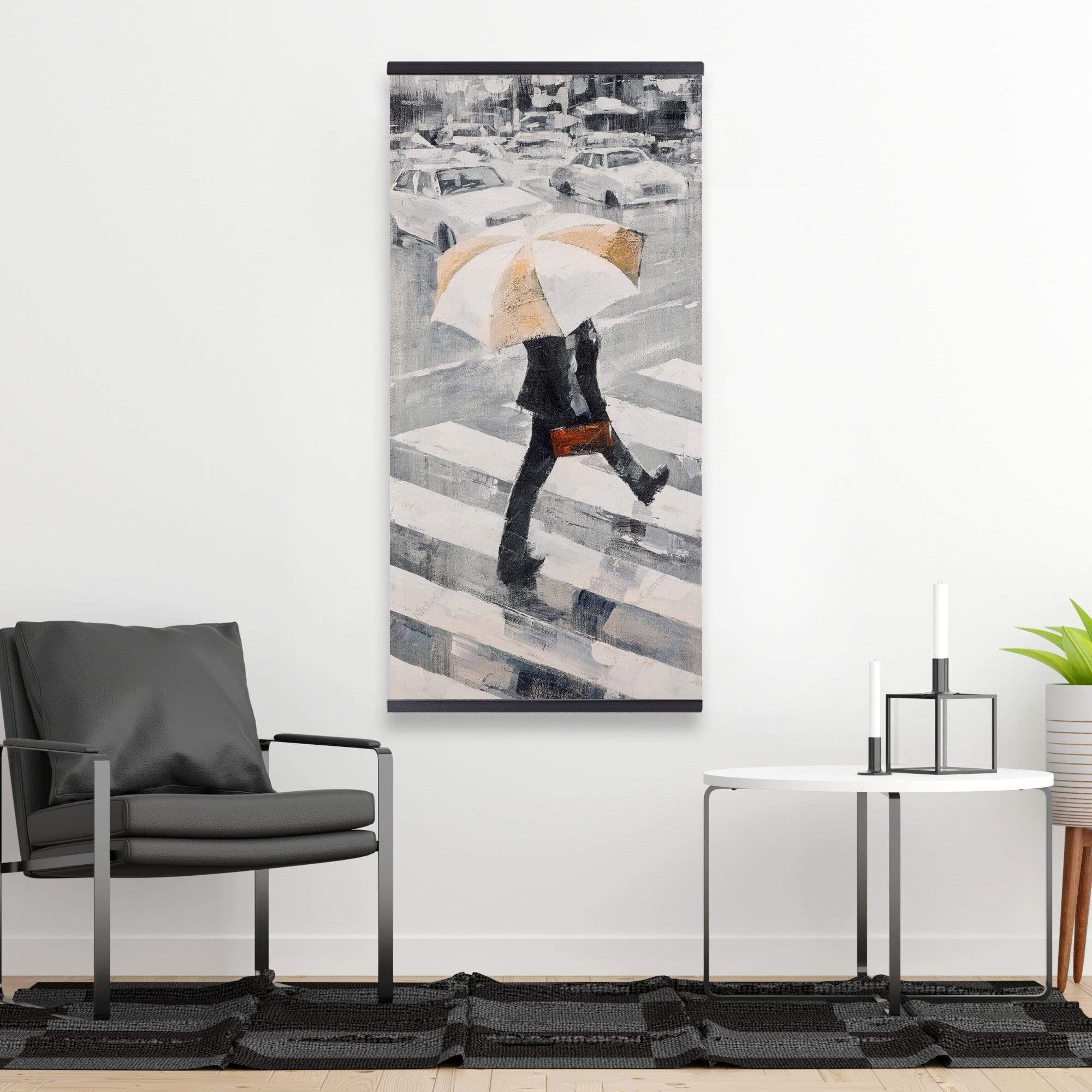 Man Walking With His Umbrella - Wooden Magnetic Frame