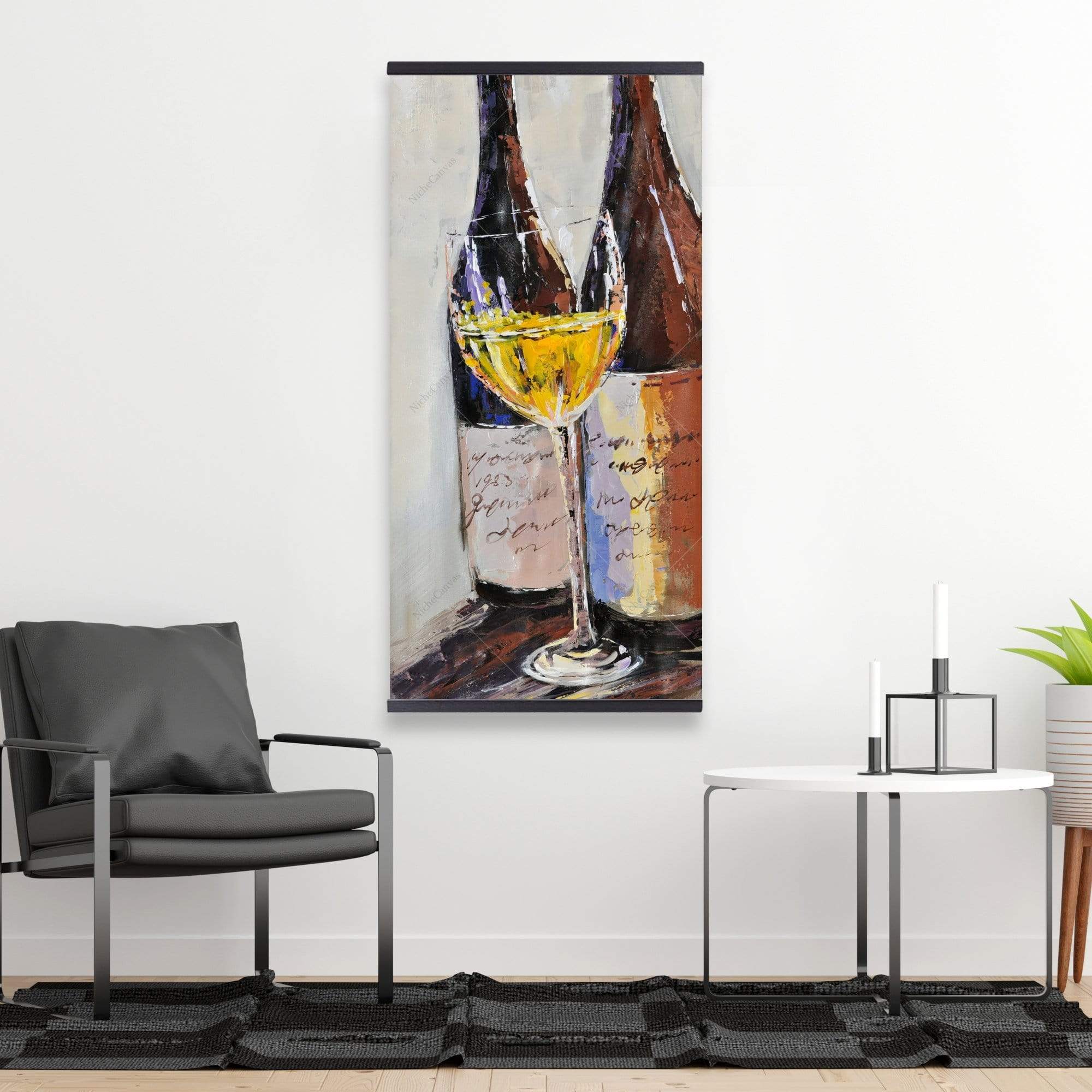 Two Bottles With A Glass Of White Wine - Wooden Magnetic Frame