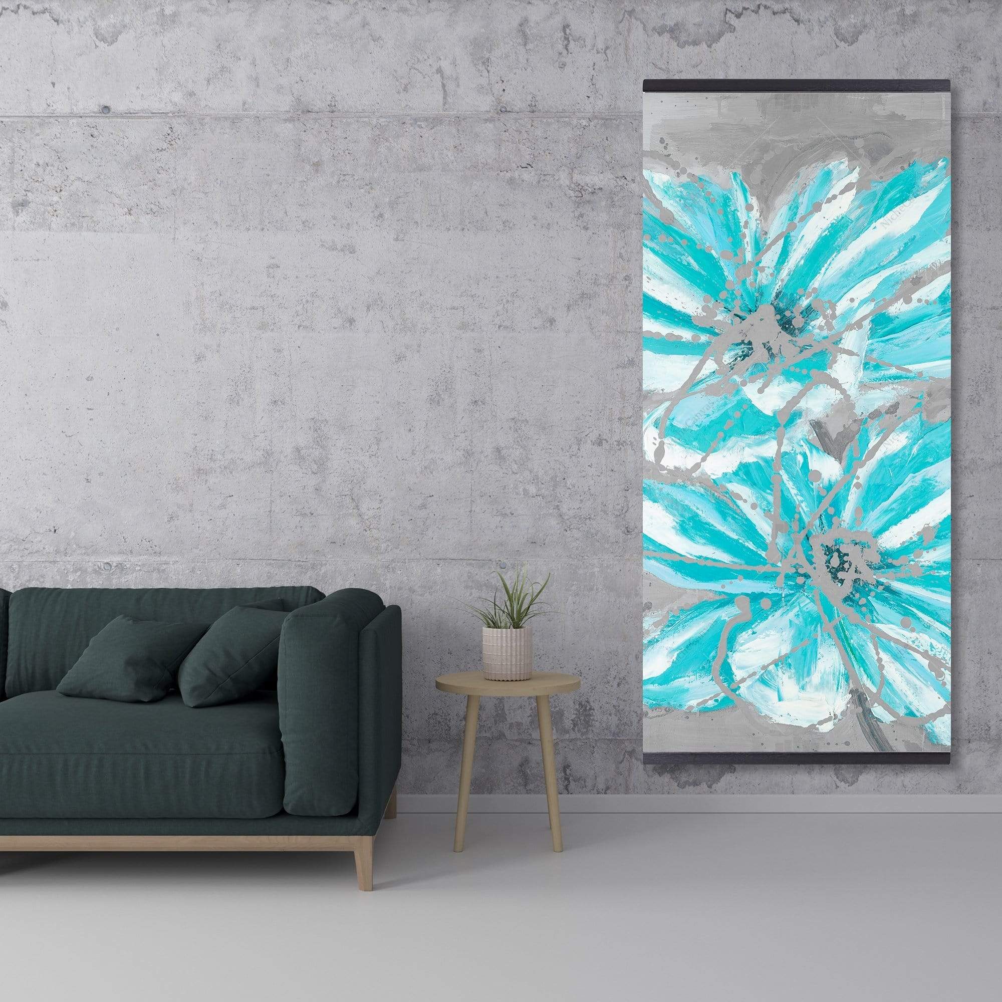 Two Little Abstract Blue Flowers - Wooden Magnetic Frame