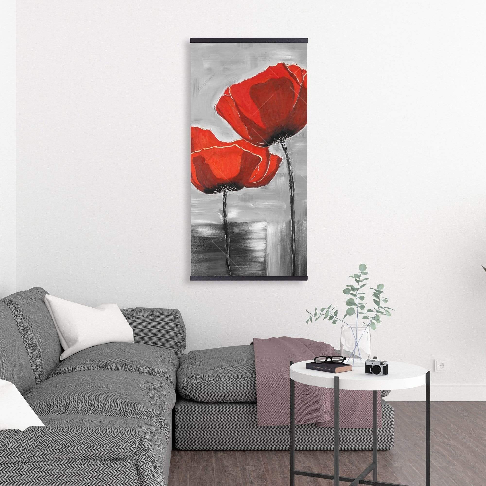 Two Red Flowers On A Grayscale Background - Wooden Magnetic Frame