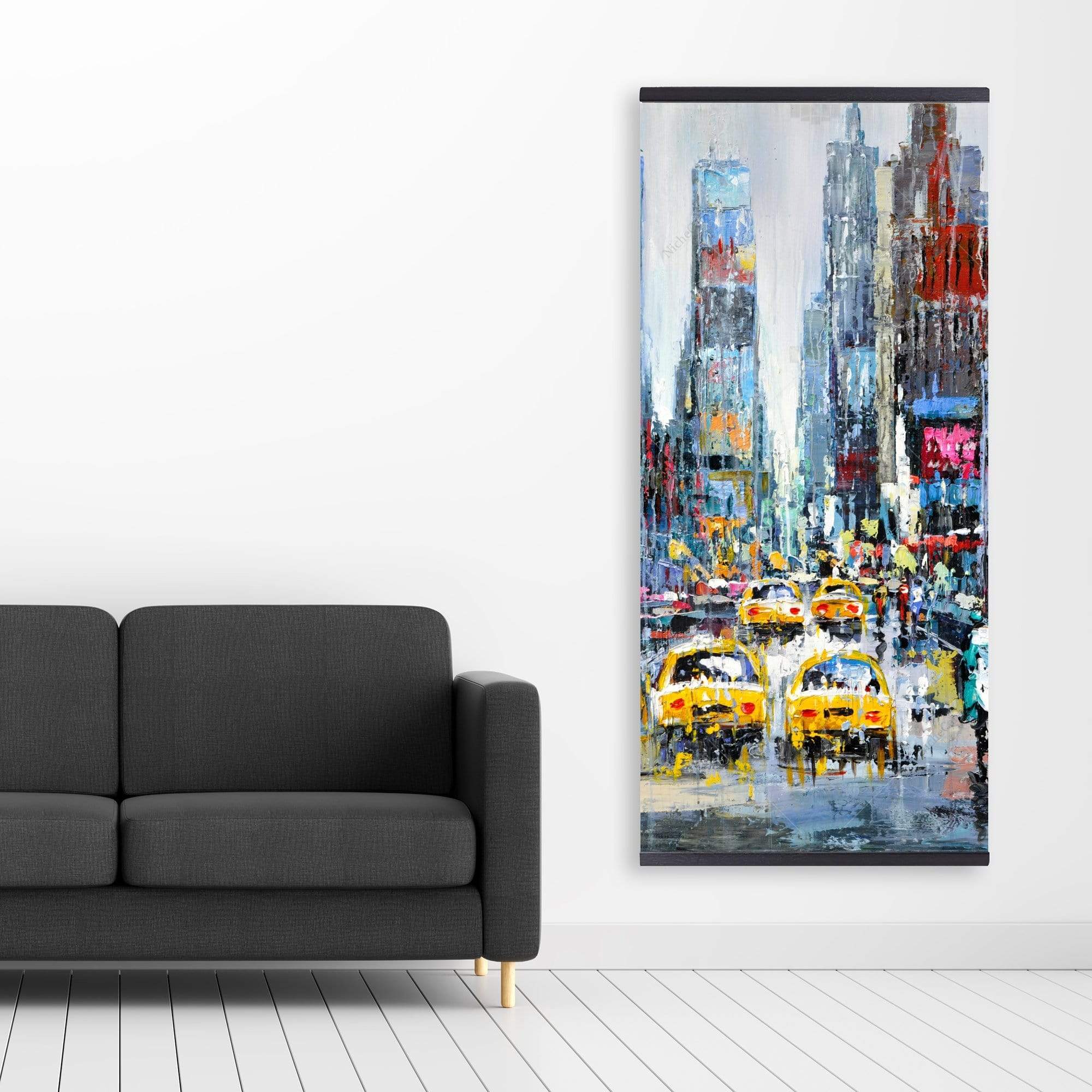 Urban Scene With Yellow Taxis - Wooden Magnetic Frame