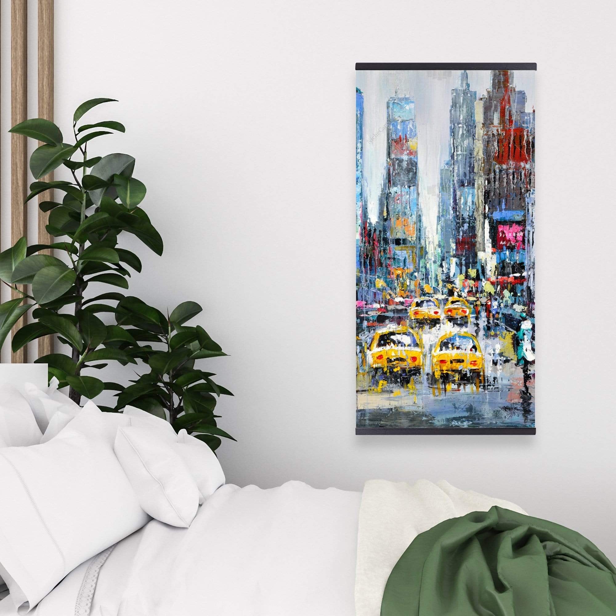 Urban Scene With Yellow Taxis - Wooden Magnetic Frame