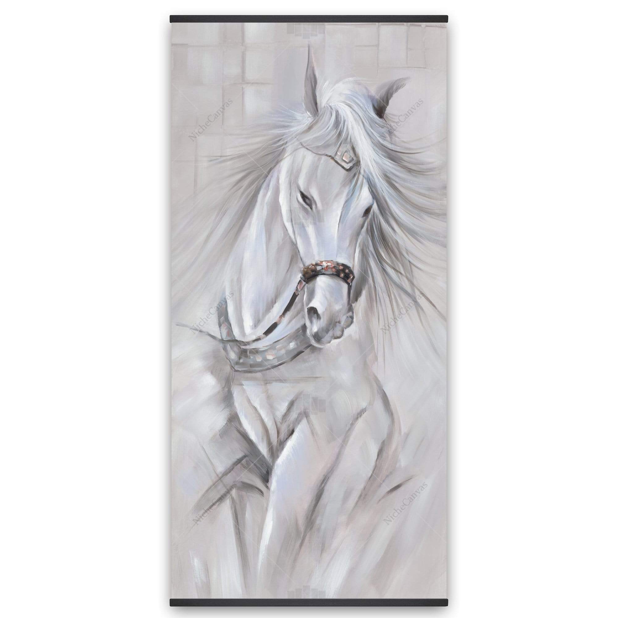 White Horse With His Mane In The Wind - Wooden Magnetic Frame