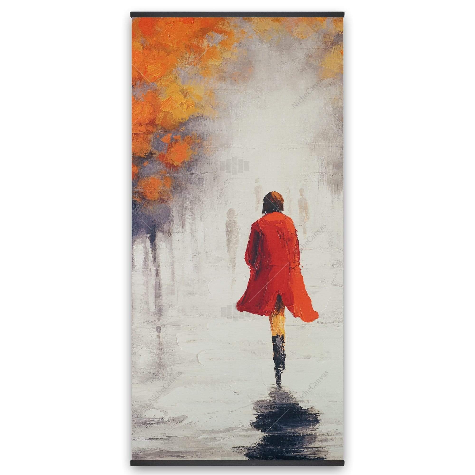 Woman With A Red Coat By Fall - Wooden Magnetic Frame