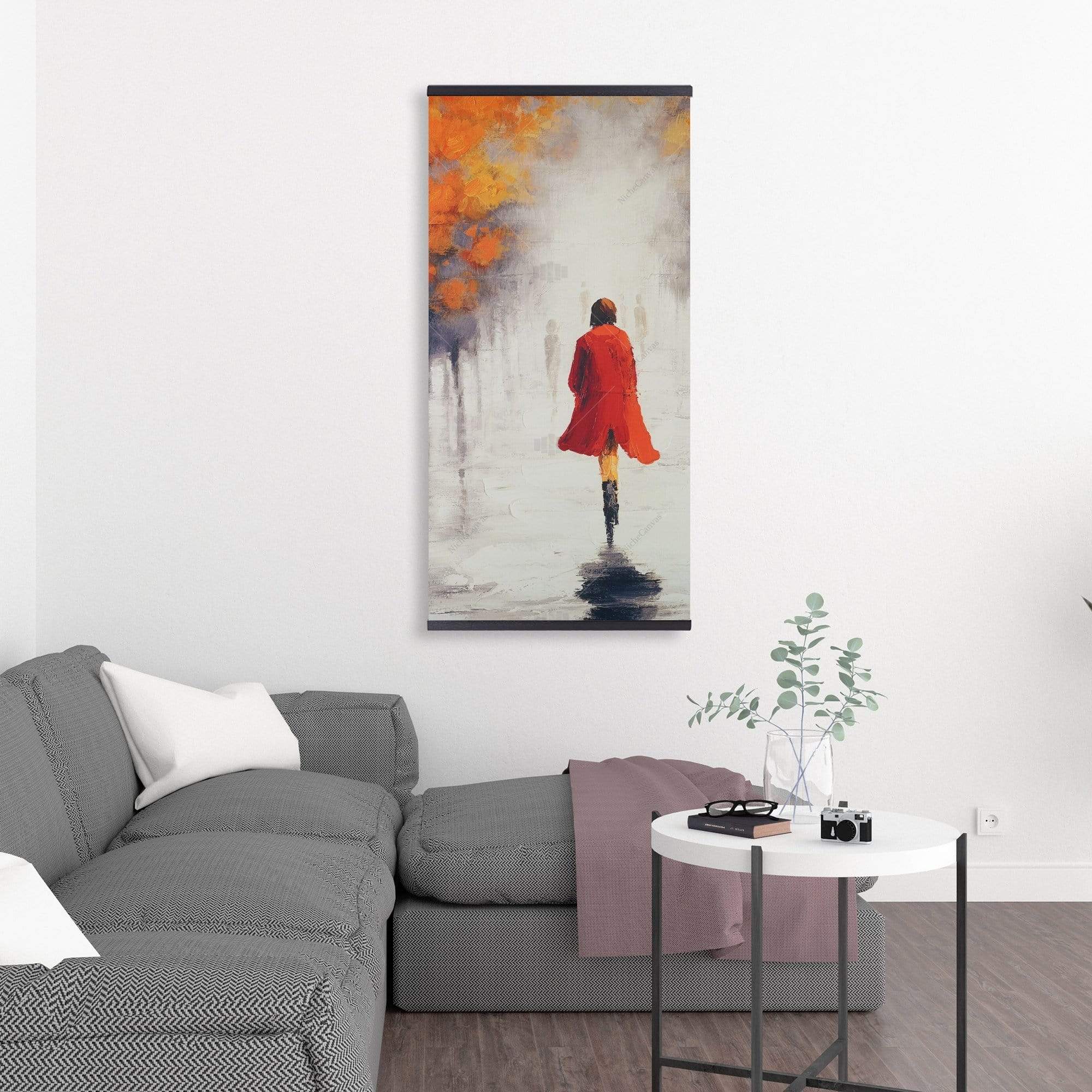 Woman With A Red Coat By Fall - Wooden Magnetic Frame