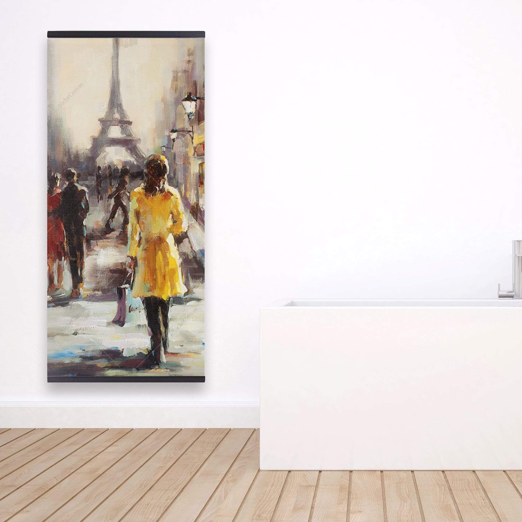 Yellow Coat Woman Walking On The Street - Wooden Magnetic Frame