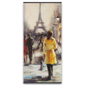 Yellow Coat Woman Walking On The Street - Wooden Magnetic Frame